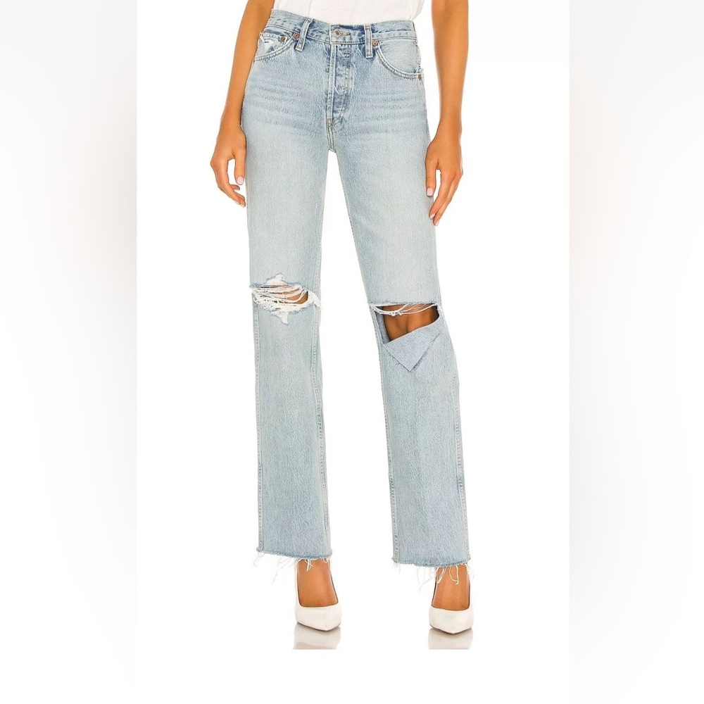 Re/Done Ripped 90s High Rise Loose Light Blue Button Fly Jeans 31 NWT (33”x26”) - Picture 2 of 9